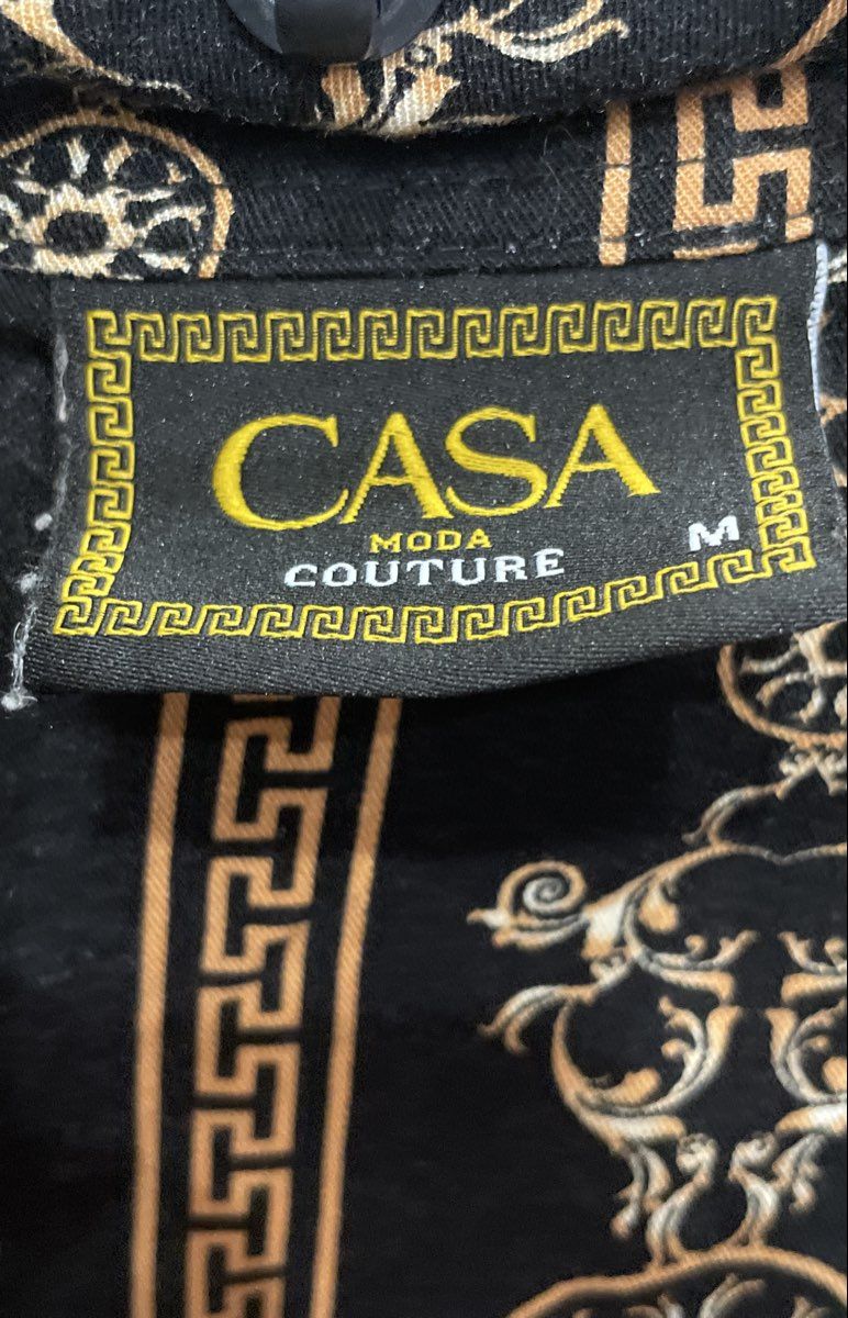 Casa Moda Couture Men's Black Gold Baroque Greek Key Rayon Button Up Shirt Sz M