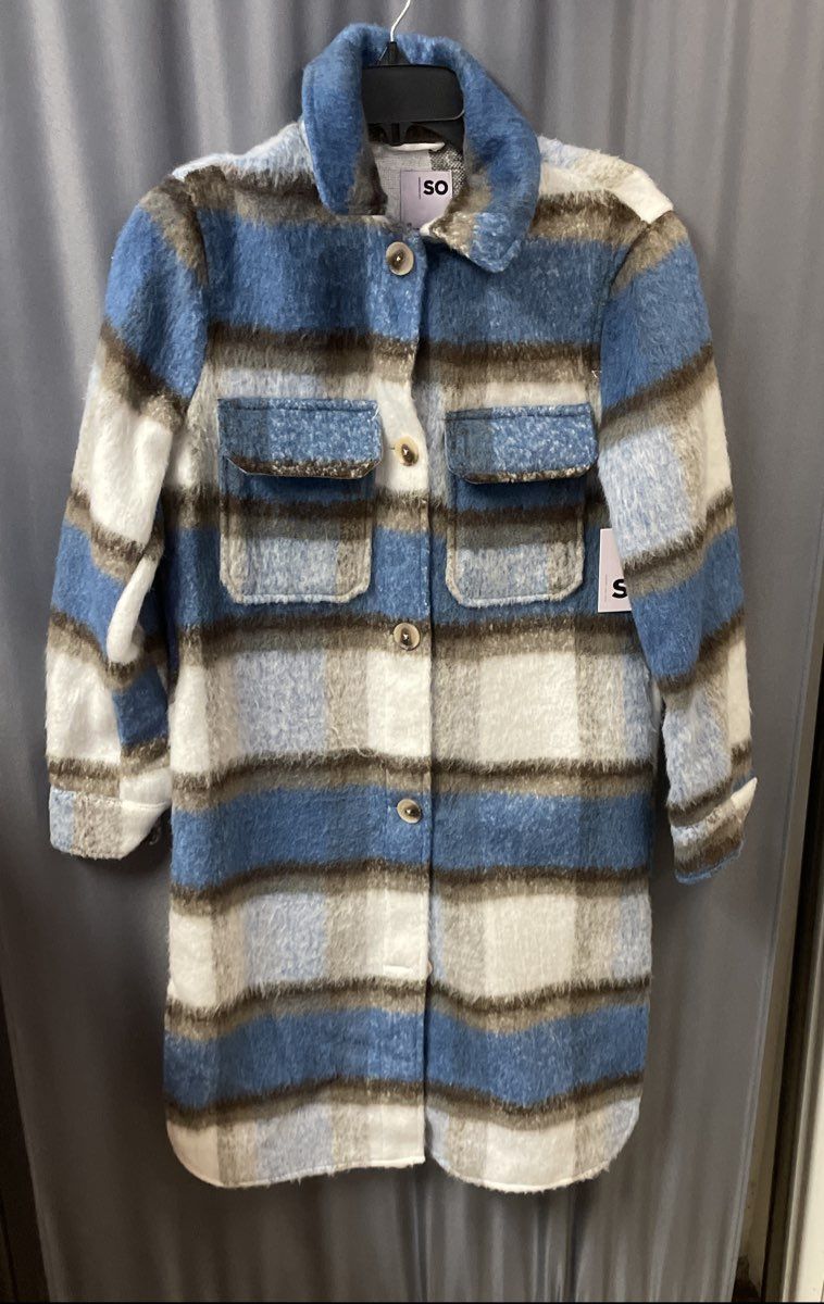 SO Women's Blue Cream Longline Plaid Shacket Fuzzy Button Up Coat NWT Sz XS