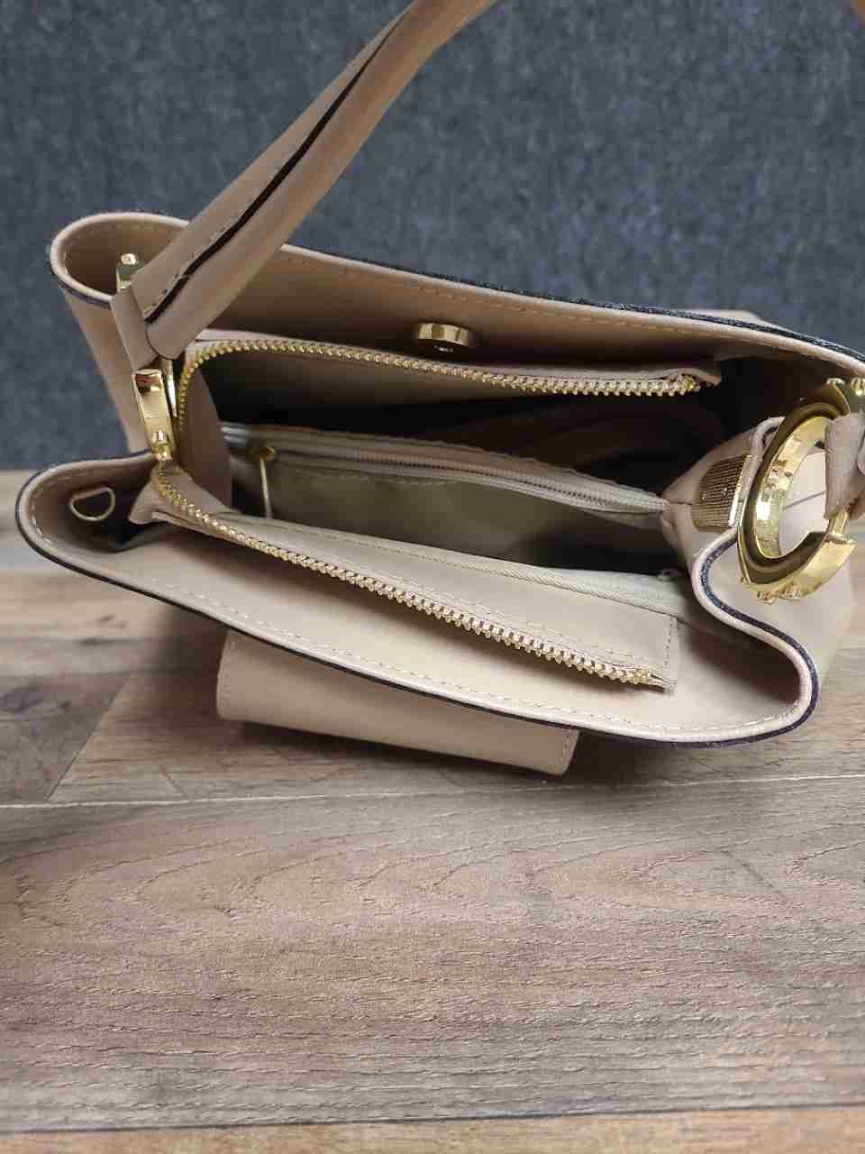 Vera Pelle Beige Saffiano Italian Leather Top Handle Satchel Bag Medium