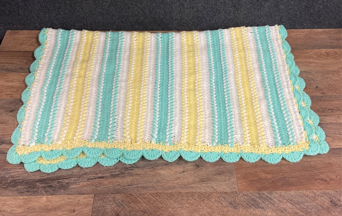 Vintage Mile a Minute Crochet Blanket Striped Pastel Scalloped Baby Afghan