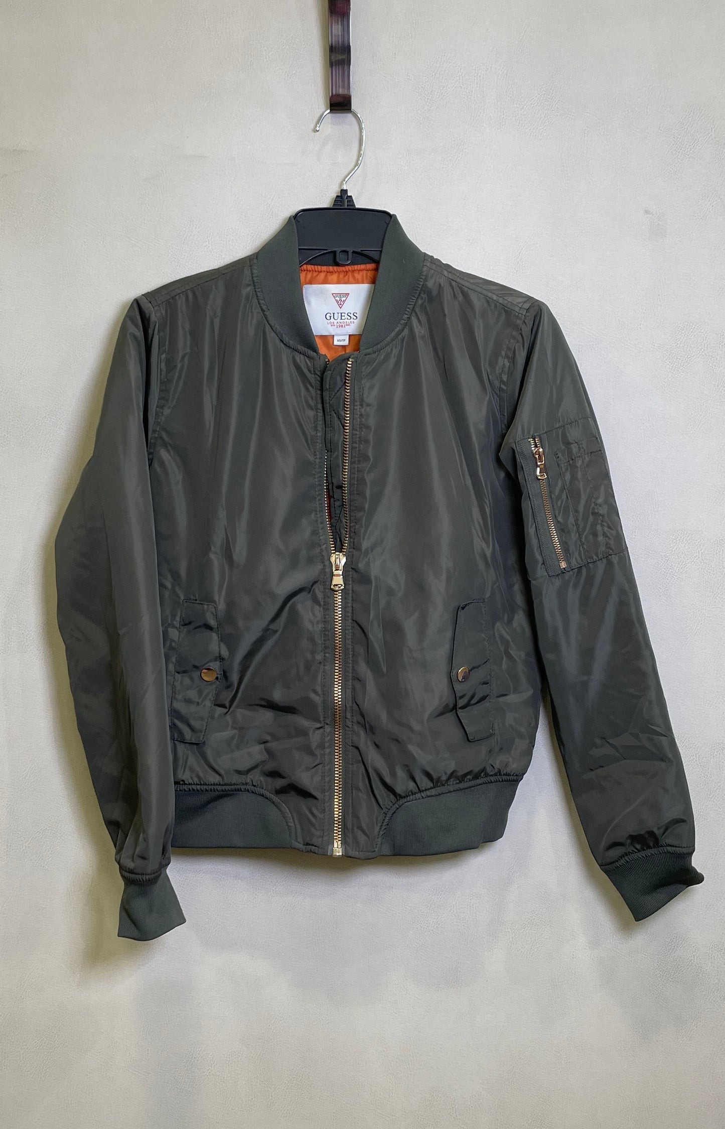 Guess Women's Olive Green Bomber Jacket Orange Lining Flight Full Zip Sz XS