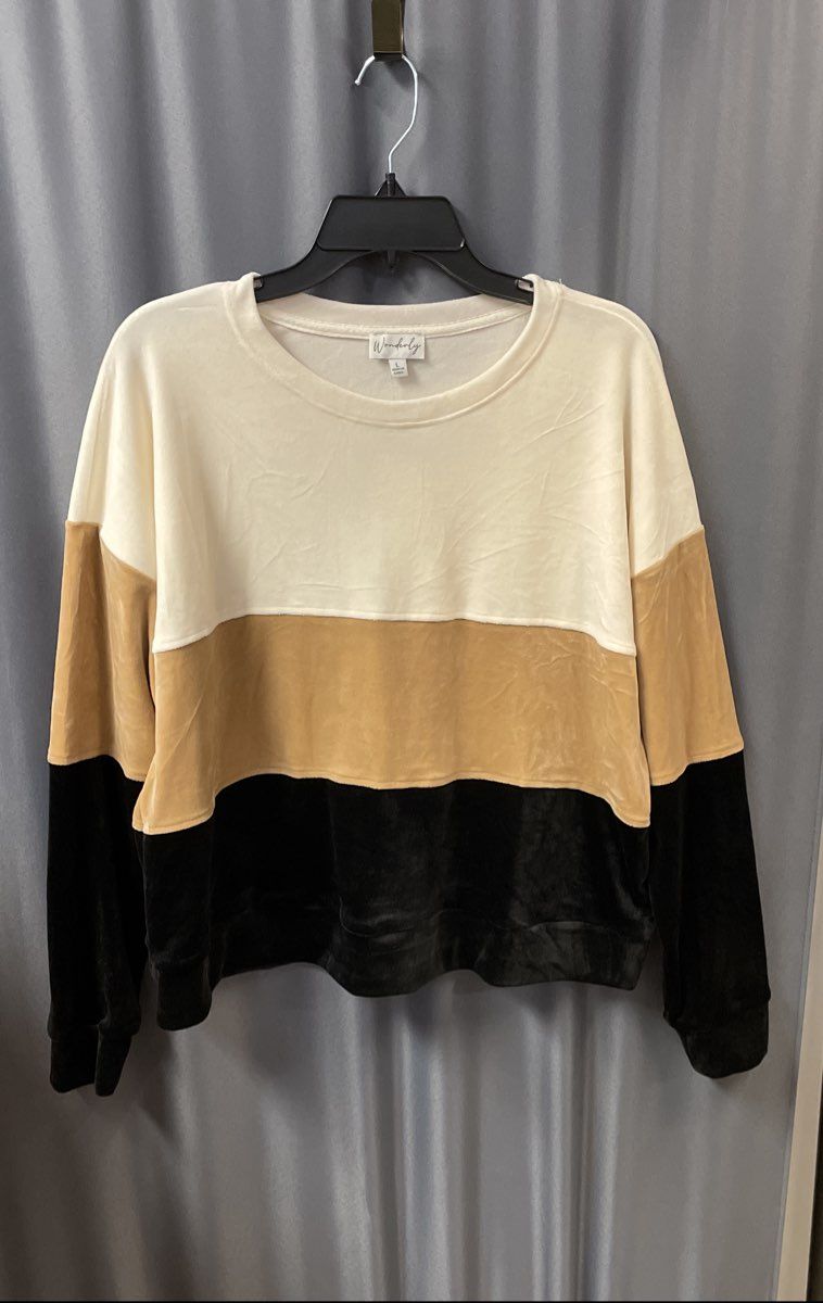 Wonderly Women's Velour Colorblock Top Cream Tan Black Long Sleeve Size Large