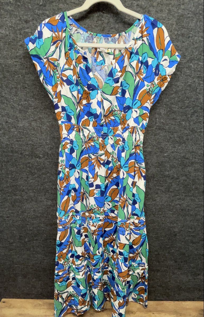C&C California Women's Blue Tropical Floral Linen Blend Smocked Maxi Dress Sz S