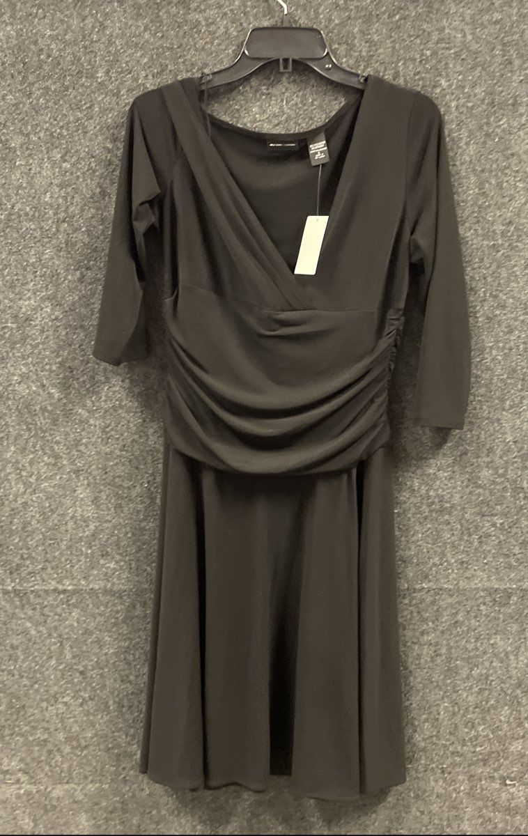 New York & Company Women's Black Ruched V-Neck 3/4 Sleeve Dress NWT Sz L