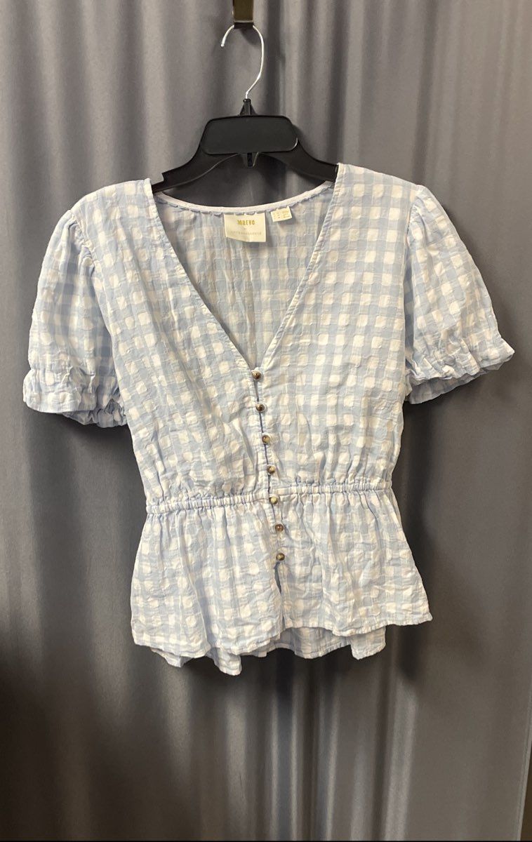 Maeve Anthropologie Women's Blue White Gingham Peplum Tie Back Top Sz 16