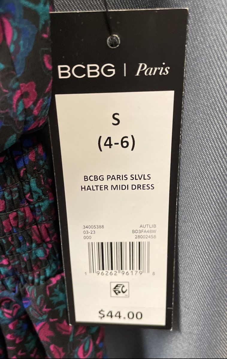 BCBG Paris Women's Black Floral Halter Midi Dress Smocked Waist Ruffle Sz S NWT