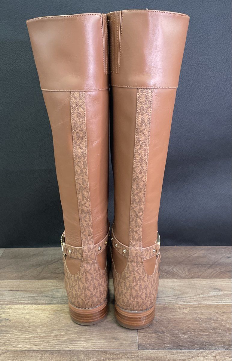 Michael Kors Brown Leather MK Monogram Studded Riding Boots Women's Size 9M
