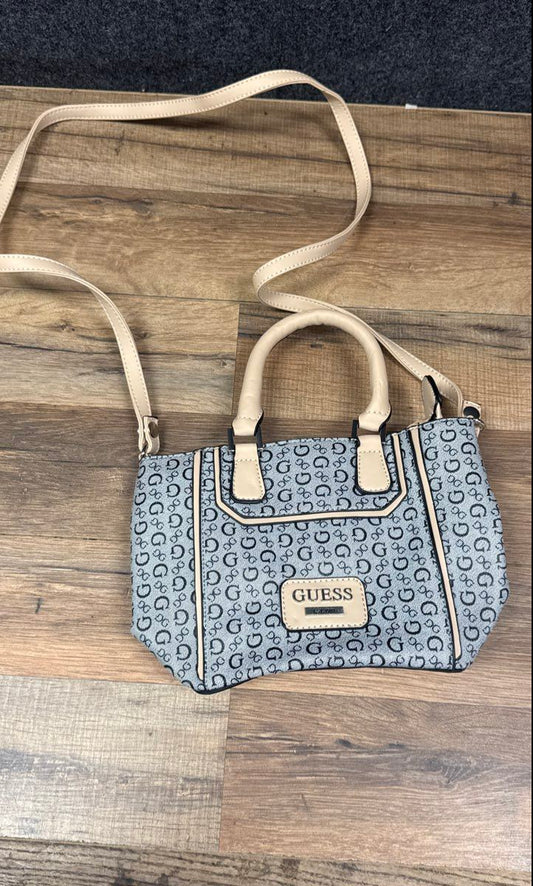 GUESS Grey Black Monogram Canvas Satchel Handbag Crossbody Bag Leopard Lining