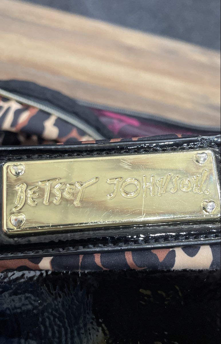 Betsey Johnson Cheetah Print Fabric Satchel Tote Bag Multi-Pocket Gold Hardware