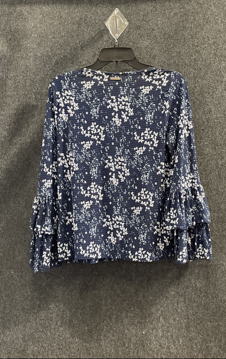 Michael Kors Women's Blue Floral Ruffle Tiered Bell Sleeve Blouse Sz P/S
