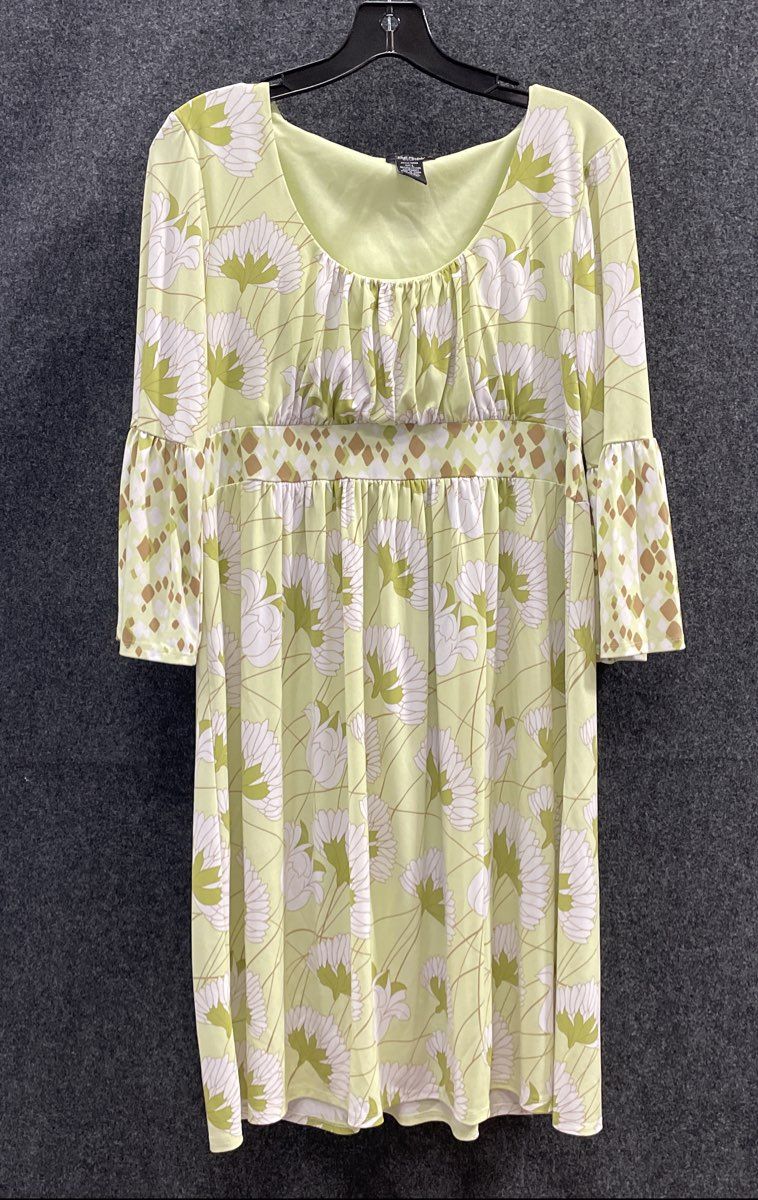 Bob Mackie Studio Womens Green Floral Ruched Bell Sleeve Empire Waist Dress Sz L