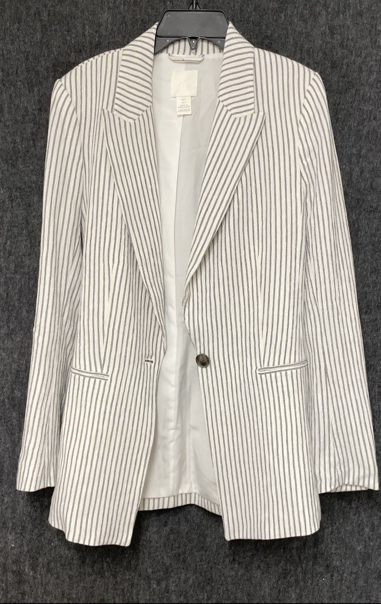 H&M Women's White Pinstripe Single Button Cotton Blend Blazer Size 2