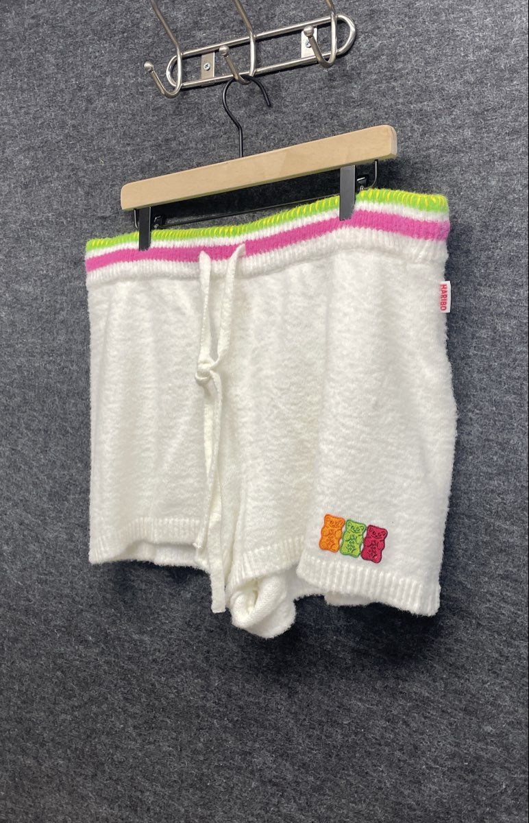 Haribo Gummy Bear Fuzzy Knit Shorts White XL Pink Green Stripe Waist Drawstring