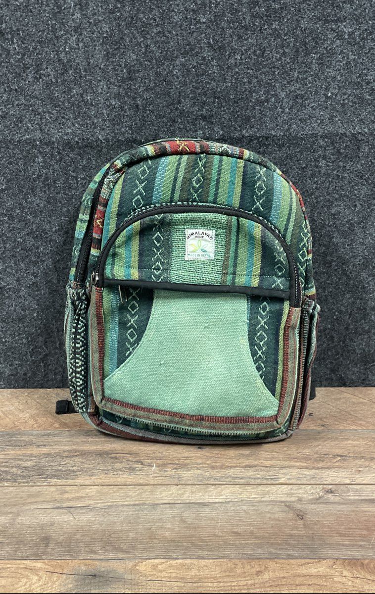 Himalayan Hemp Green Blue Striped Woven Backpack Made in Nepal