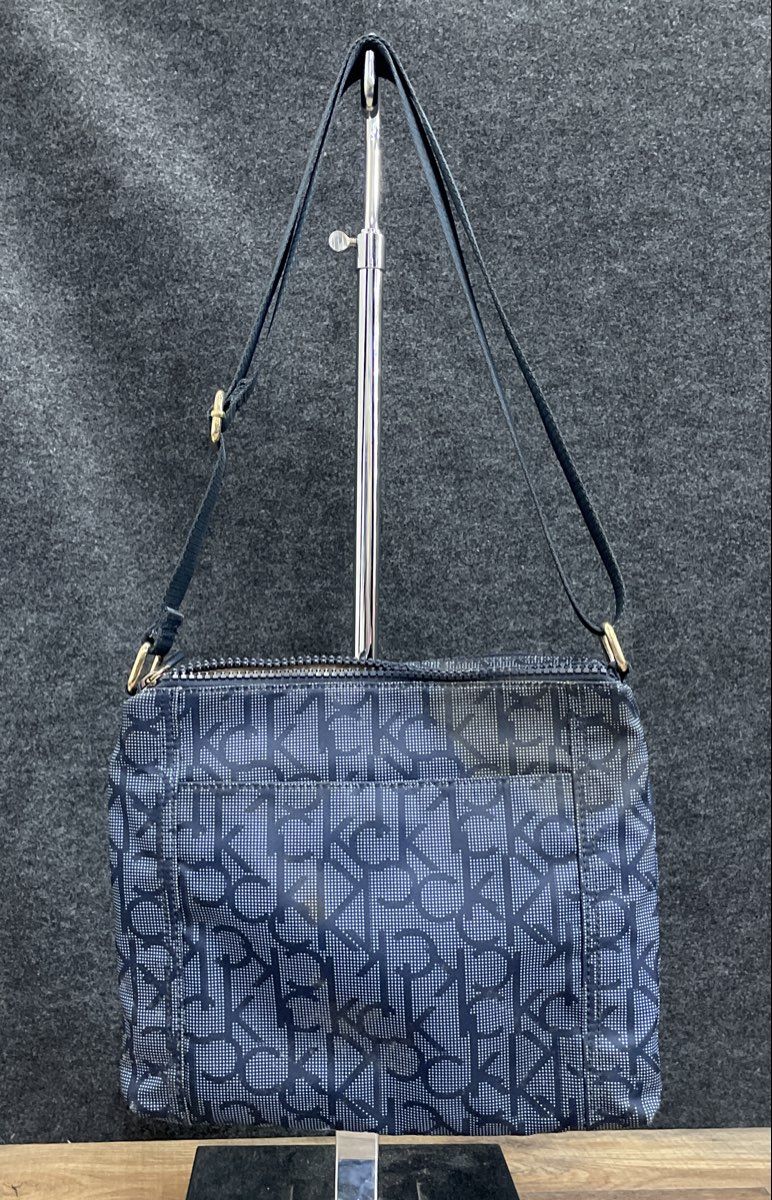 Calvin Klein Blue Monogram Triple Zip Crossbody Bag Gold Tone Hardware