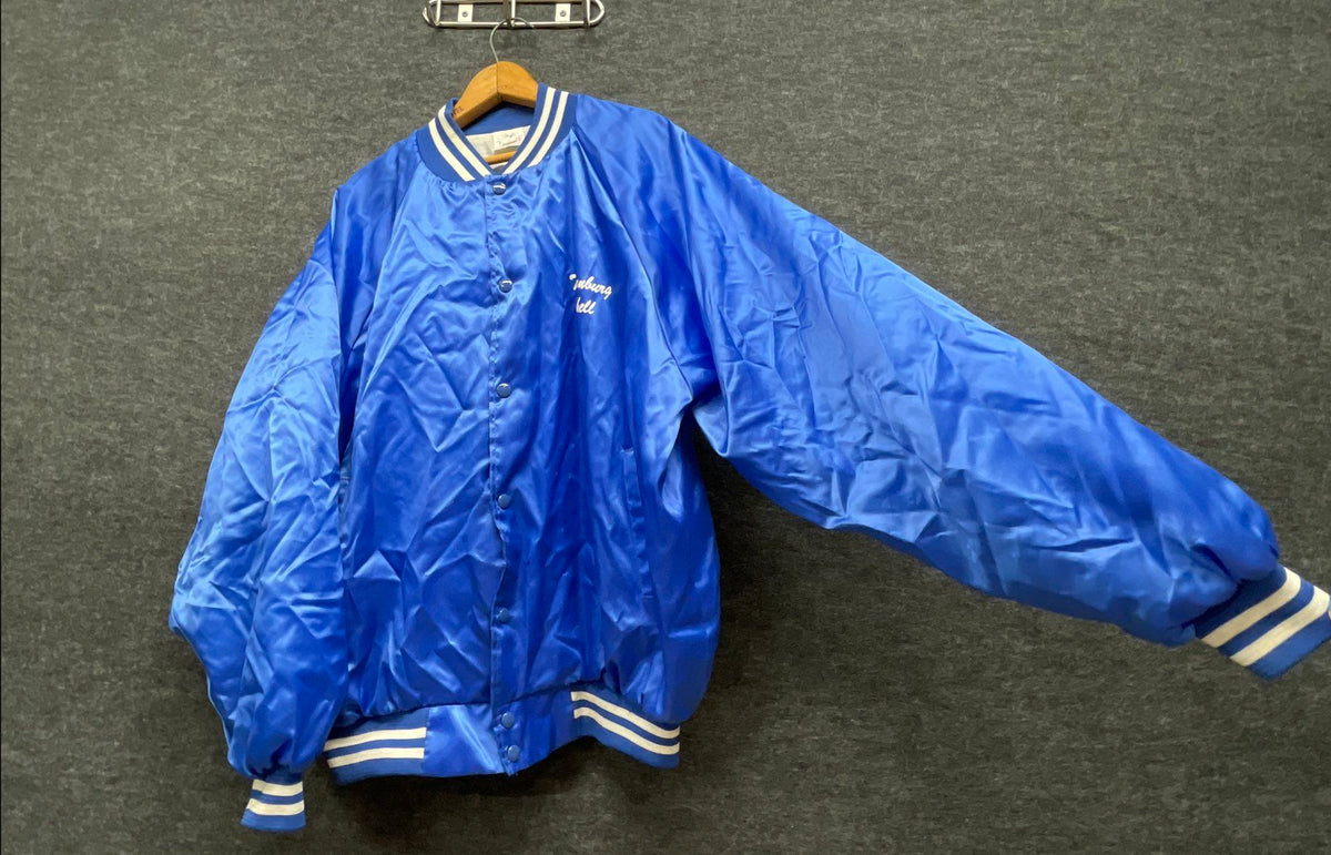 Vintage 80s Thornburg Shell 24 Hr Towing Satin Bomber Jacket Blue XL USA