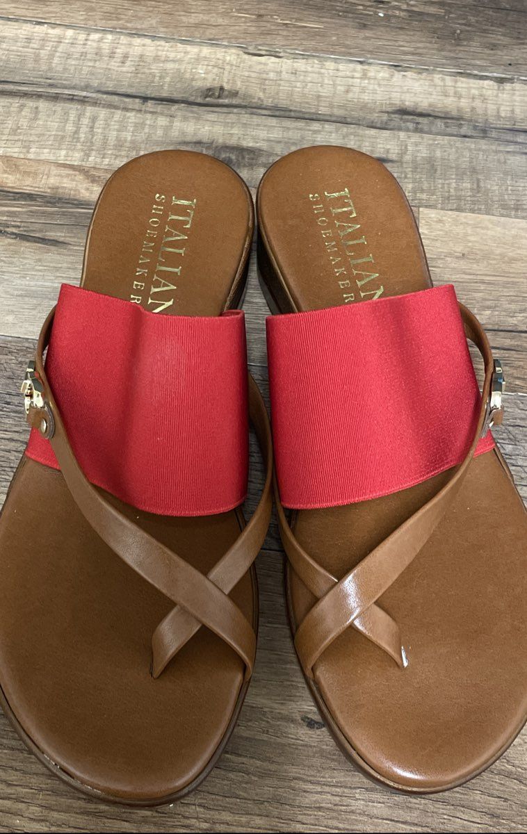 Italian Shoemakers Red Brown Elastic Strap Toe Loop Wedge Sandals Women's Size 8