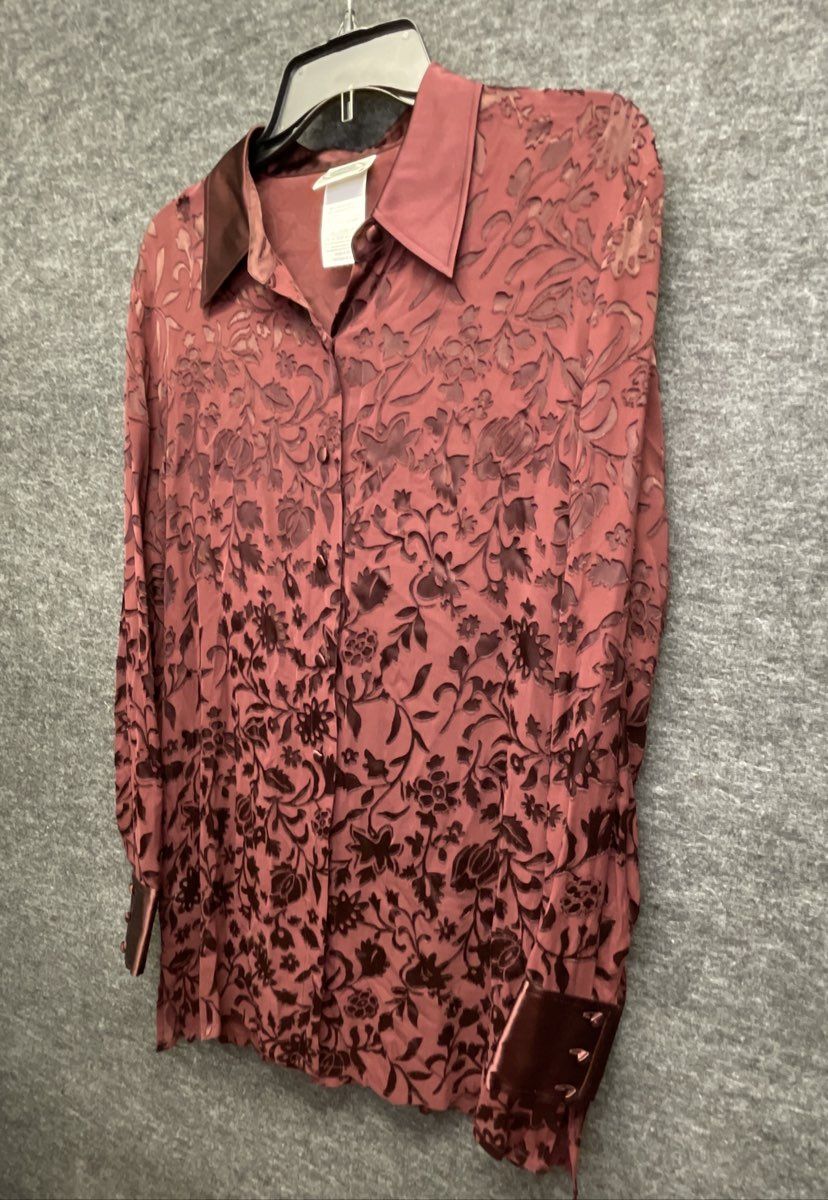 Vintage Y2K Laura Ashley Women's Burgundy Silk Floral Devore Blouse Tunic Sz 12