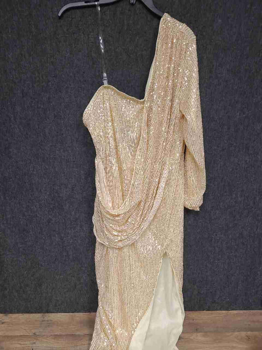 XPLUSWEAR Women's Gold One Shoulder Sequin Maxi Dress Draped Slit Sz XL NWT