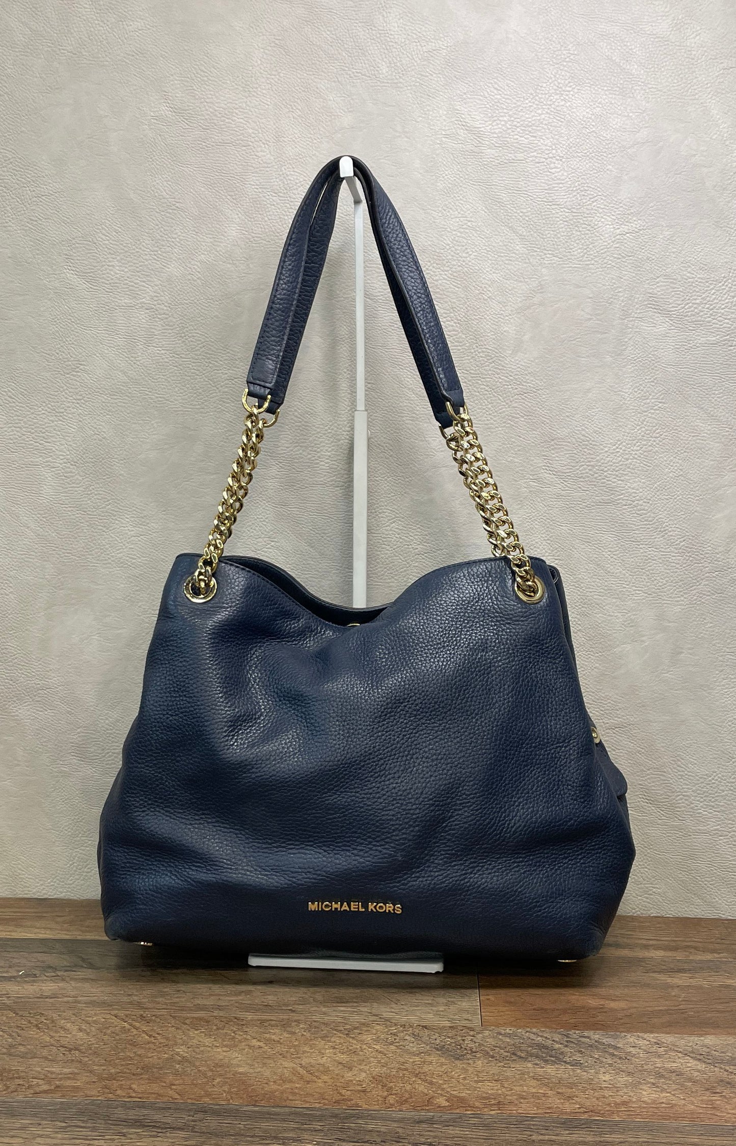 Michael Kors Navy Blue Pebbled Leather Chain Hobo Shoulder Bag Gold Hardware