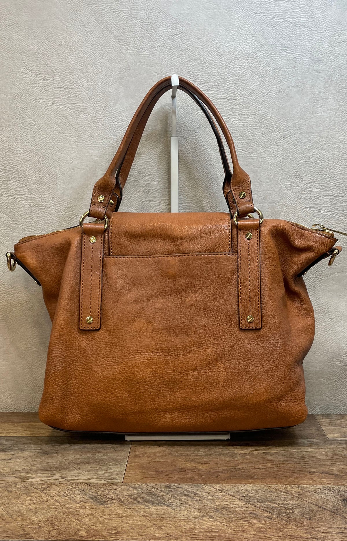 Michael Kors Brown Pebbled Leather Hamilton Lock Satchel Bag Gold Tone