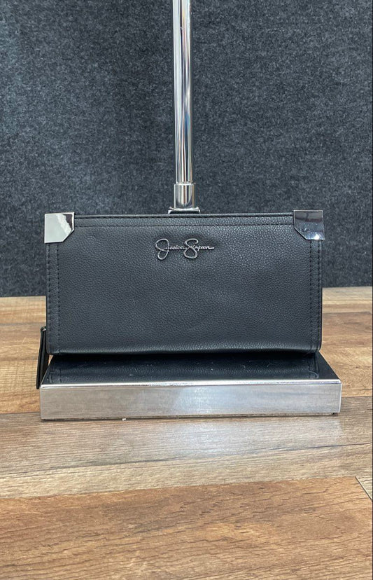 Jessica Simpson Black Leather Pebbled Wallet Silver Hardware Zip Clutch