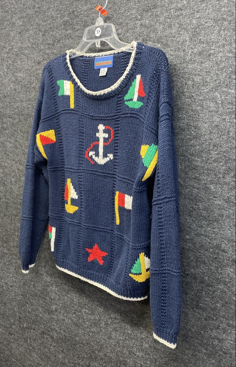 Vintage 90s Melissa Burke Women's Nautical Navy Anchor Sailboat Sweater Sz M
