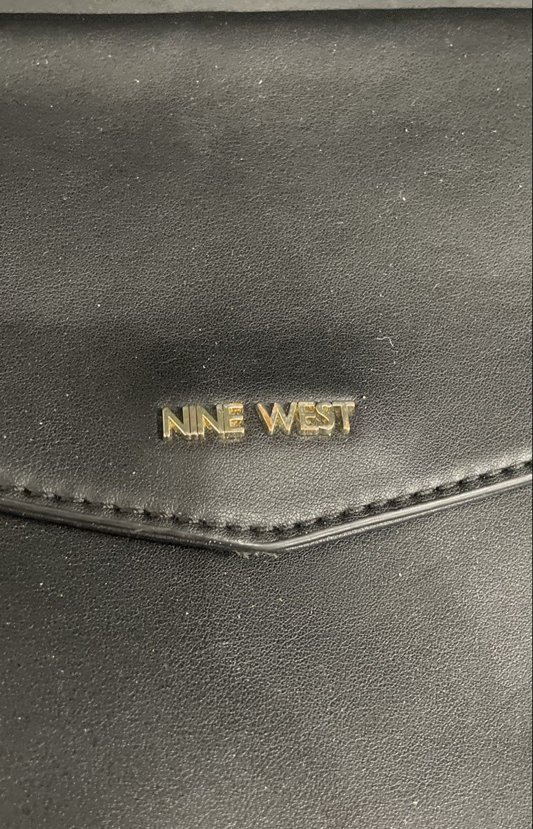 Nine West Black Faux Leather Large Tote Bag Front Flap Pocket Gold Hardware
