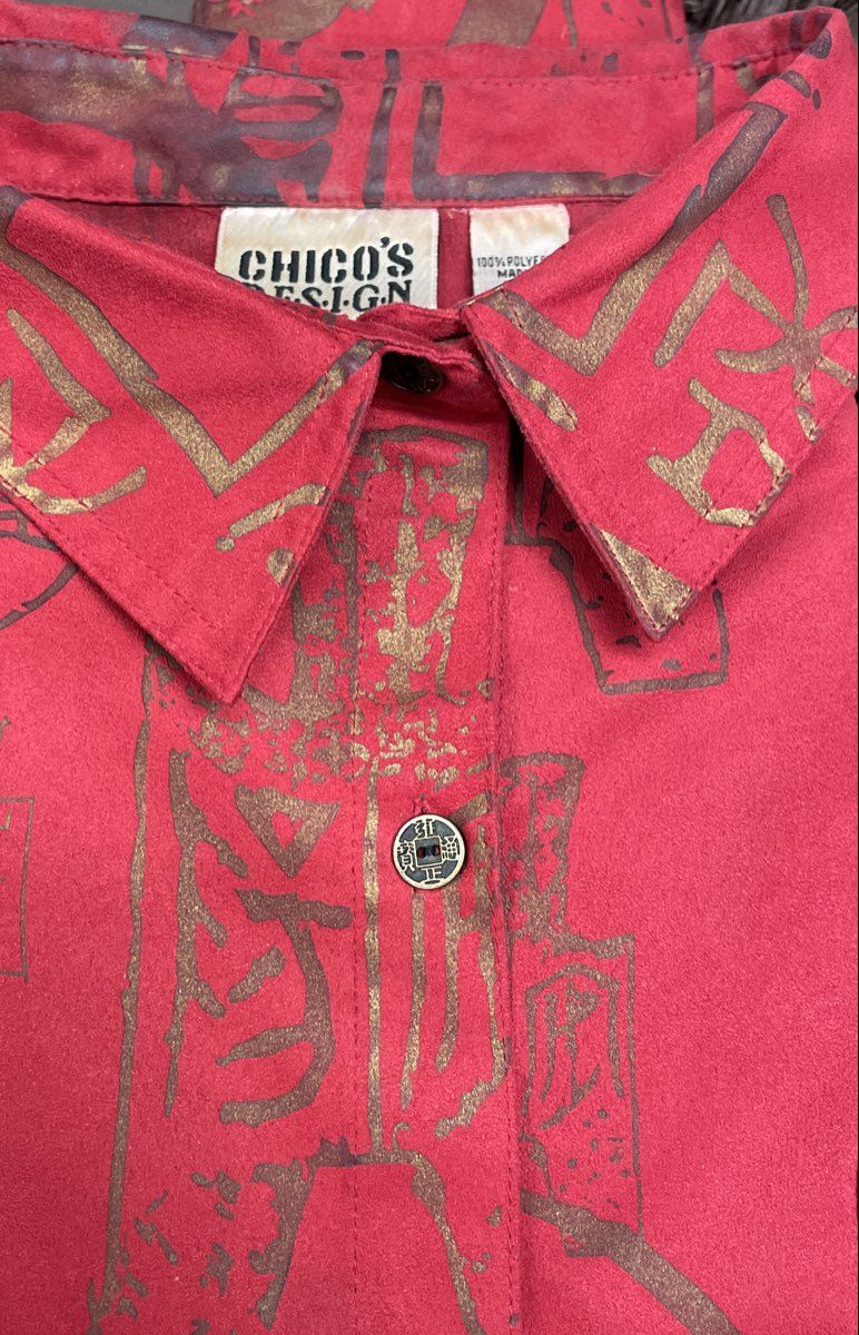 Vintage 90s Chico's Design Women's Red Coin Faux Suede Shirt Jacket Sz 3