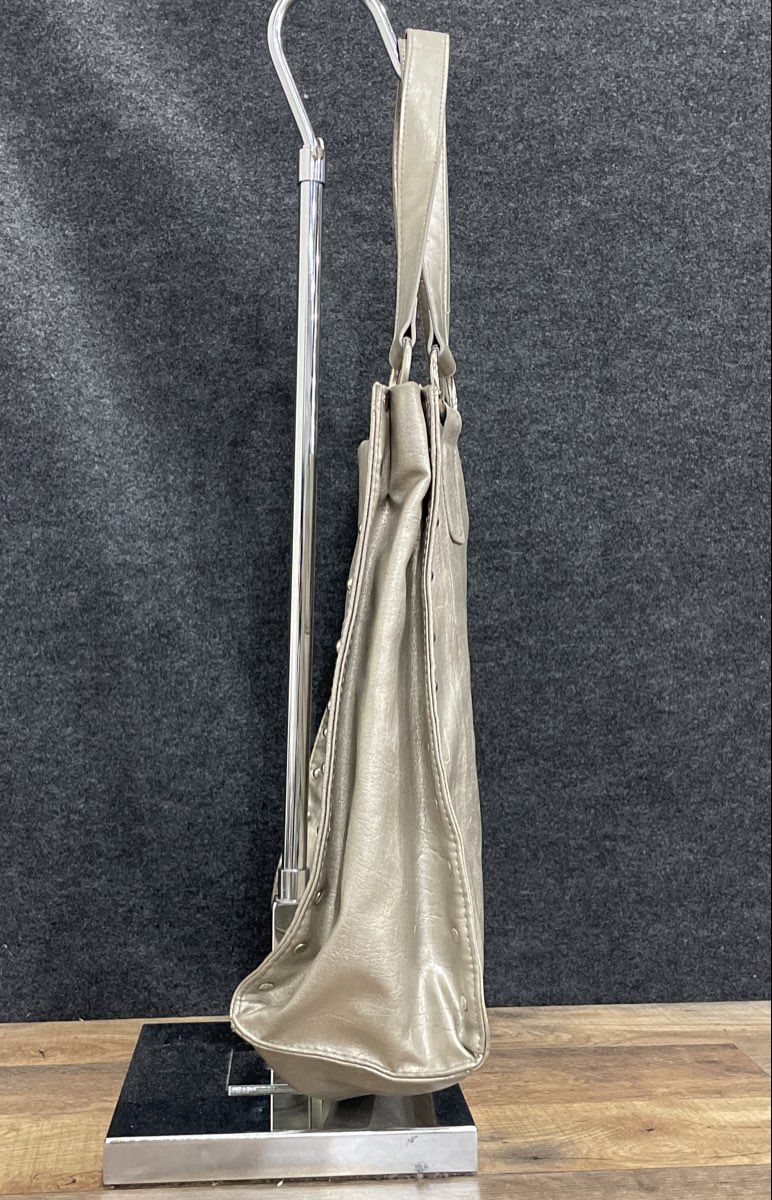 Metallic Grey Leather Studded Trim Shoulder Tote Bag Silver Tone Hardware