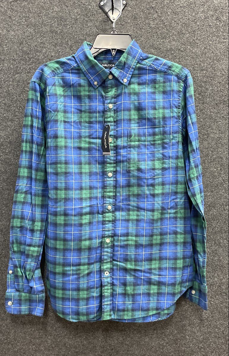 Nautica Men's Blue Green Plaid Long Sleeve Button Down Cotton Shirt NWT Sz S