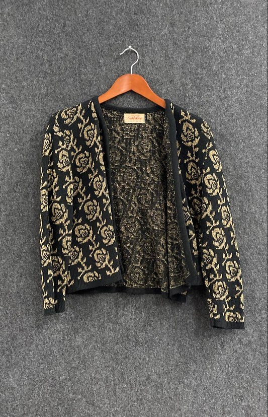 Vintage 70s SallyGee Women's Cardigan Sweater Black Gold Metallic Floral Open