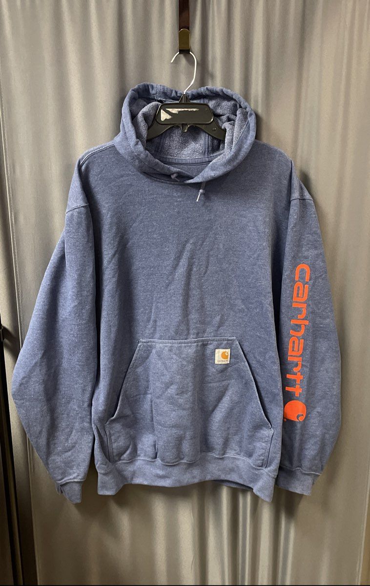 Carhartt Men's Blue Original Fit Pullover Hoodie Orange Sleeve Logo Size L
