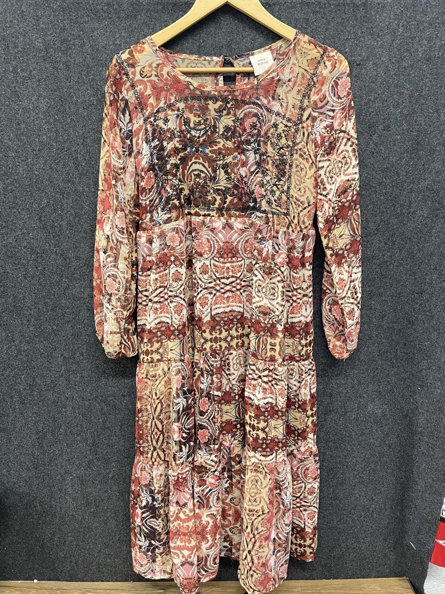 Knox Rose Women's Red Pink Multi Tiered Boho Paisley Embroidery Midi Dress Sz M