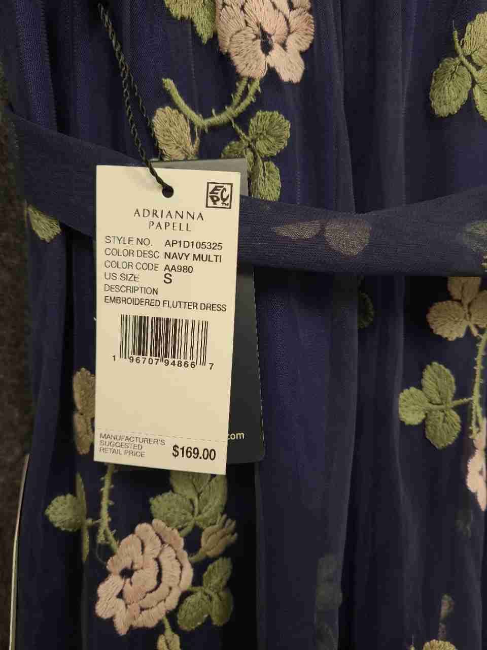 Adrianna Papell Women's Navy Multi Floral Embroidered Flutter Maxi Dress Sz S
