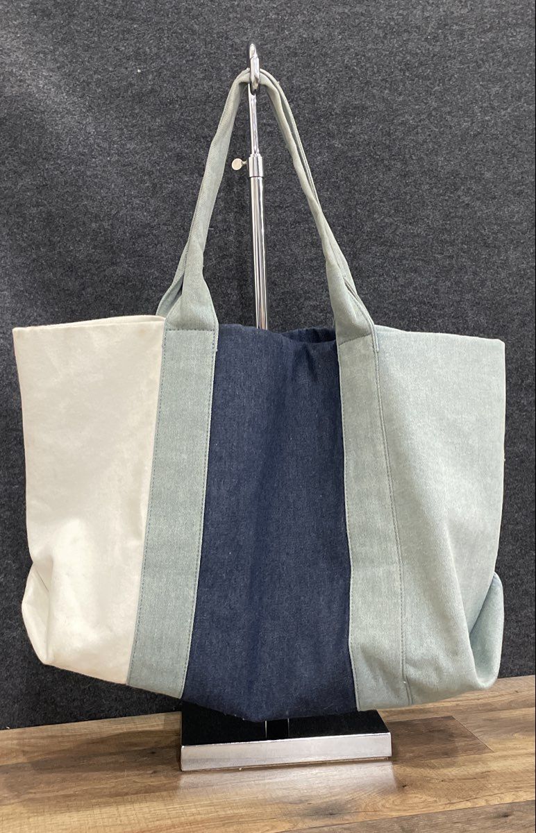 Unbranded White Blue Navy Colorblock Canvas Large Fabric Tote Bag