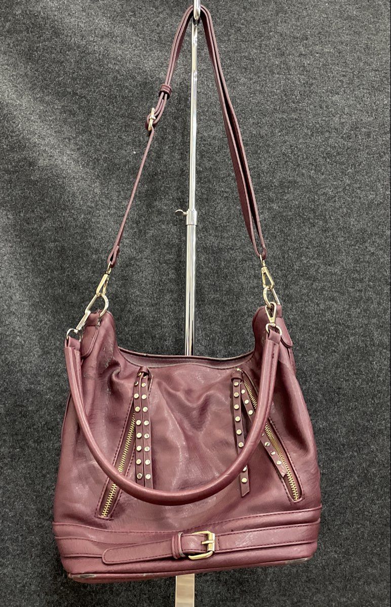Madison West Maroon Leather Studded Hobo Shoulder Bag Gold Hardware