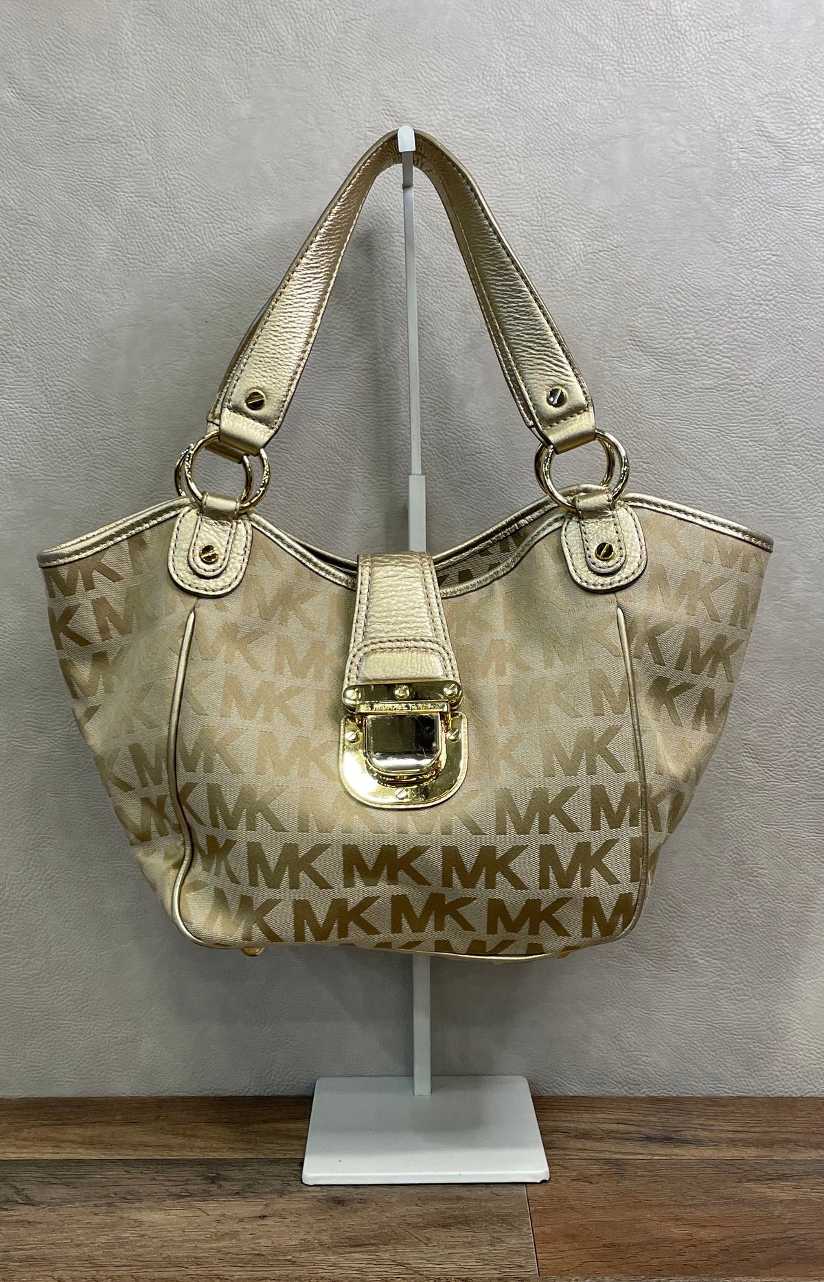 Michael Kors Gold Monogram Jacquard Shoulder Bag Push Lock Gold Hardware