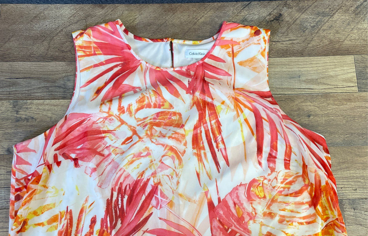 Calvin Klein Women's Lightweight Leaf Print Sleeveless Dress Orange Pink Sz 20W
