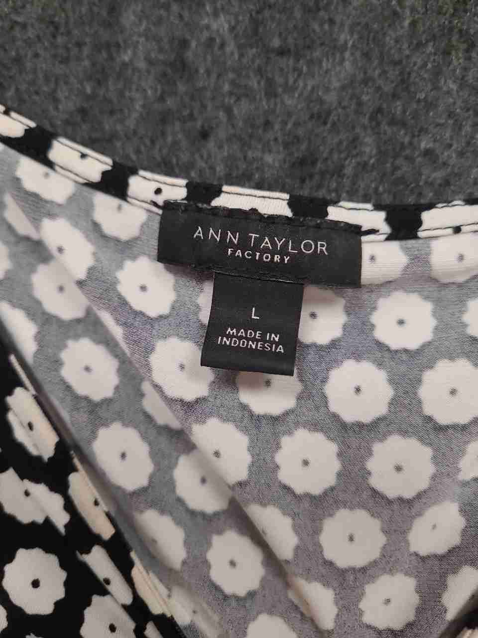 Ann Taylor Factory Women's Black White Floral Dot Draped Faux Wrap Dress Sz L