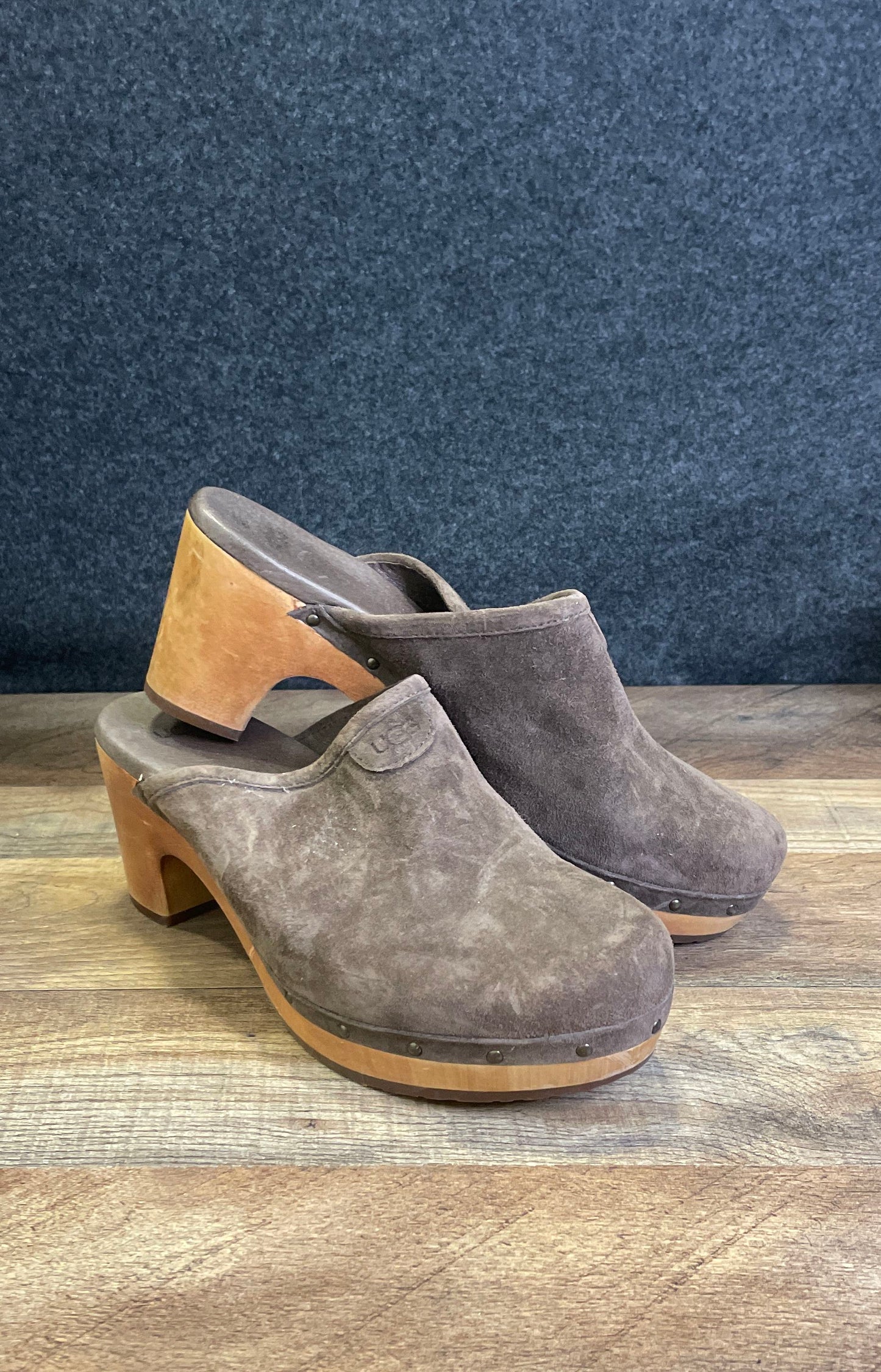 UGG Abbie Brown Suede Wooden Platform Studded Clog Mules Women's Size 9