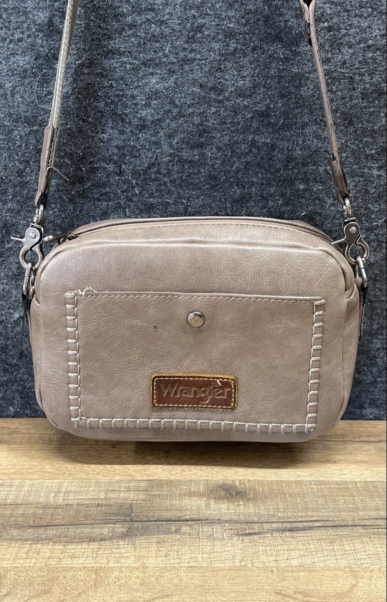 Wrangler Taupe Faux Leather Whipstitch Crossbody Bag Branded Strap