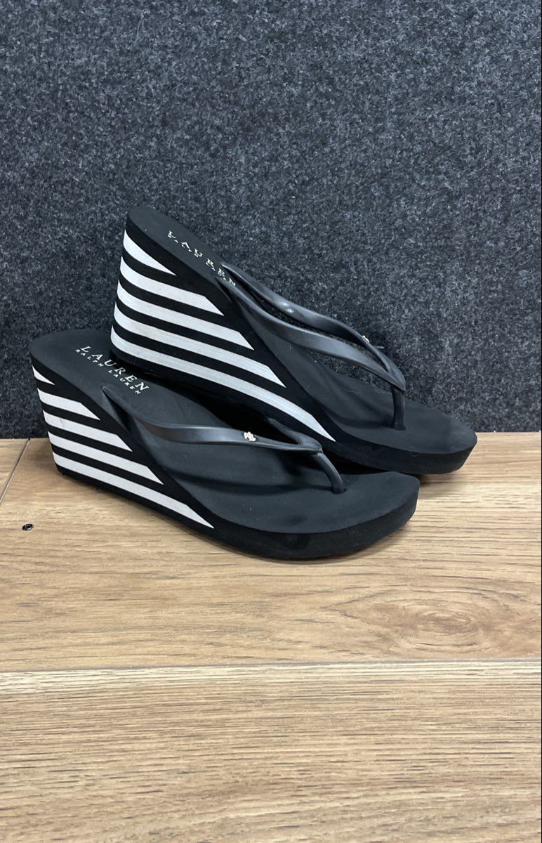 Lauren Ralph Lauren Black White Striped Wedge Flip Flop Sandals Women's Size 9