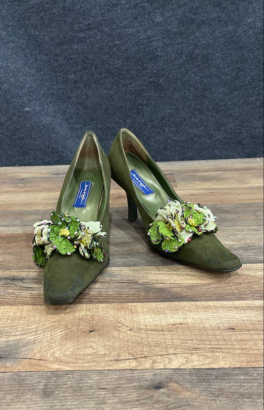 Jamie Nicole Olive Green Floral Beaded Pointed Toe Heels Pumps Women's Size 10M