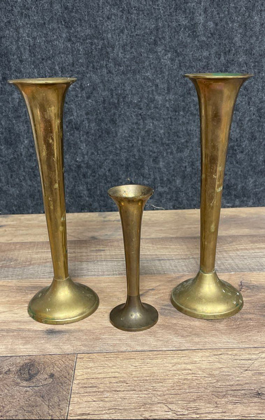Vintage Mid-Century Brass Bud Vases Lot of 3 Flared Trumpet Shape India