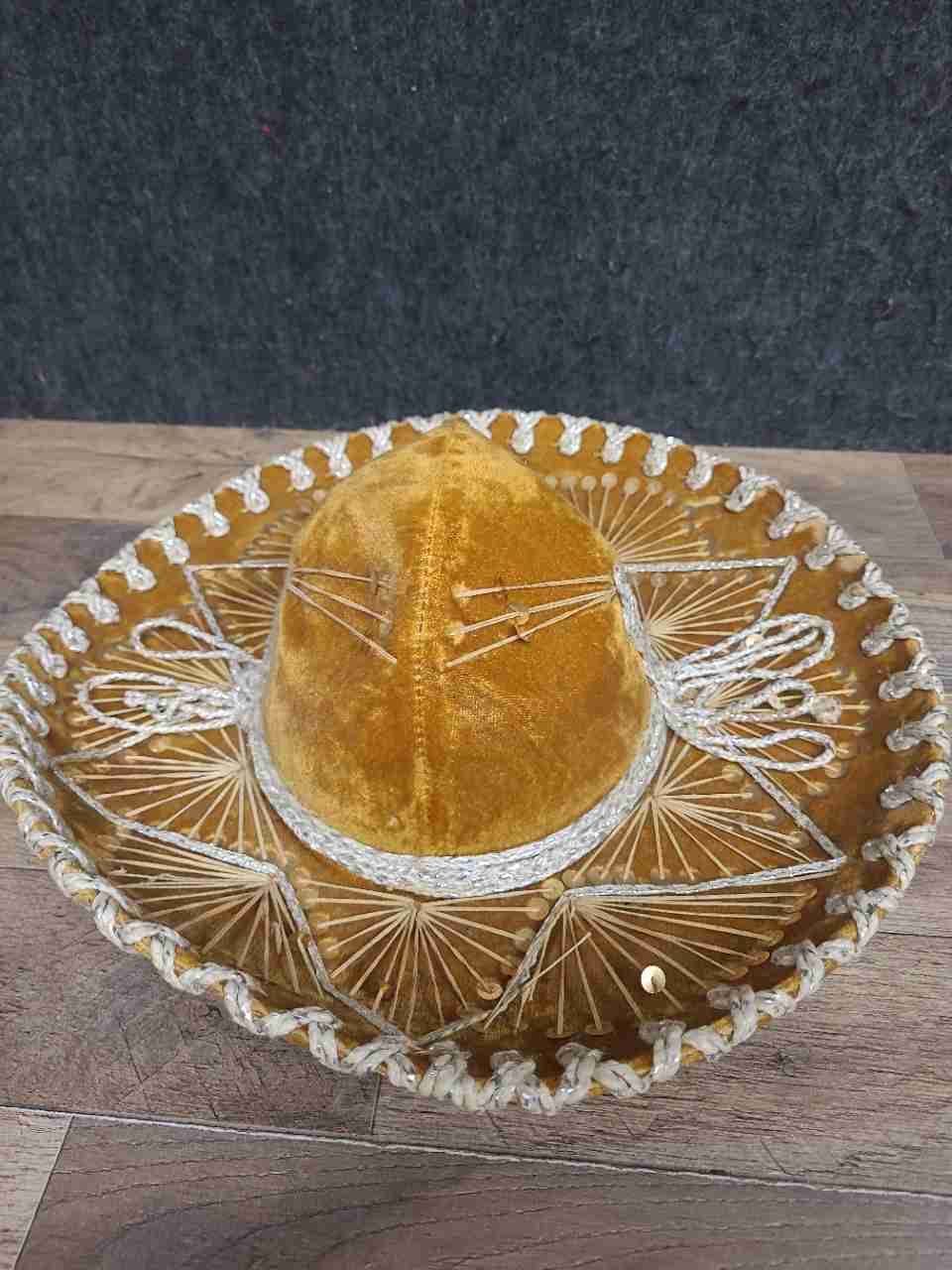 Vintage Salazar Pigalle Mexican Sombrero Charro Hat Gold Velvet Embroidered