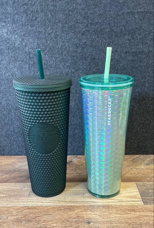 Starbucks Green Studded & Iridescent Tumbler Cold Cup 2 Piece Lot 24oz