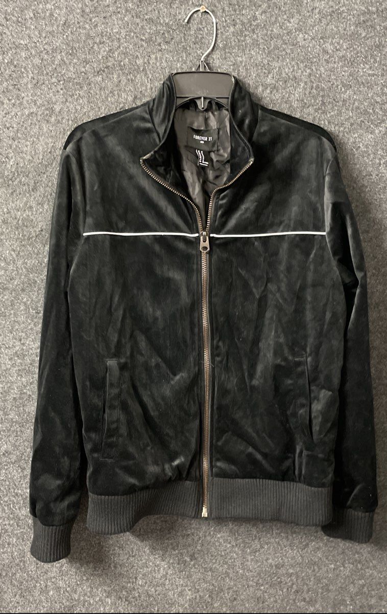 Forever 21 Men's Black Velour Full Zip Stripe Track Jacket Size M