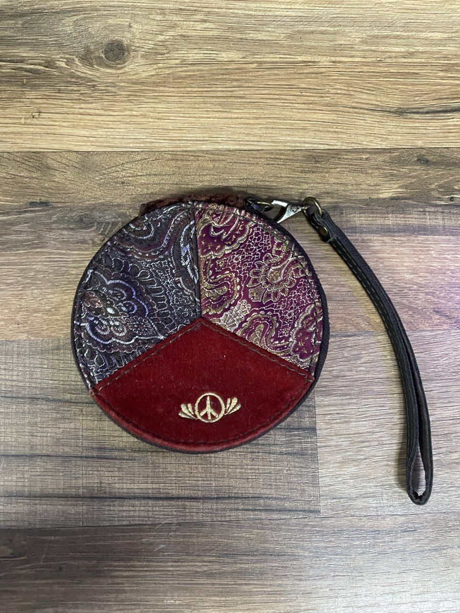 Lucky Brand Burgundy Suede Peace Sign Patchwork Wristlet Coin Purse Boho