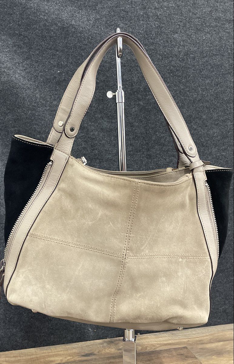 Tignanello Grey Pebbled Leather Suede Hobo Shoulder Bag Large Silver Hardware